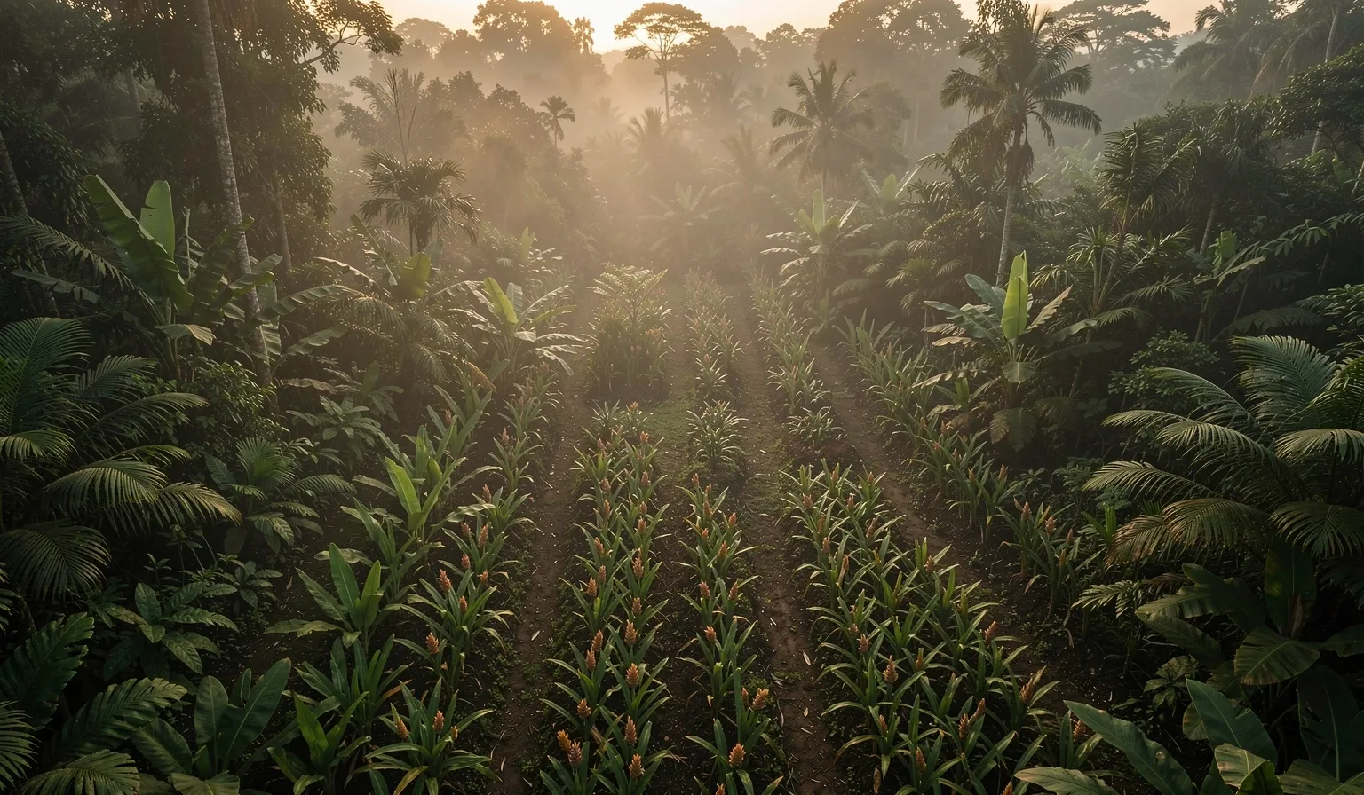 Indonesian botanical garden at dawn