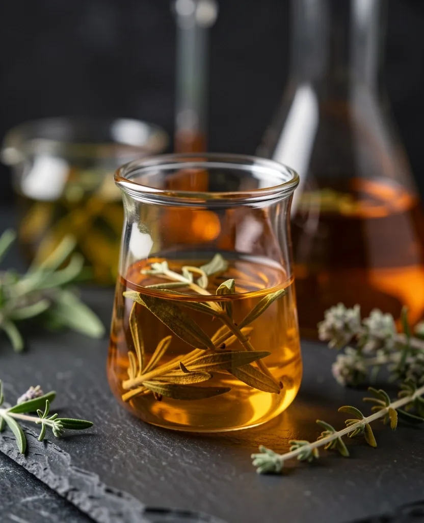 Laboratory glassware with amber liquid