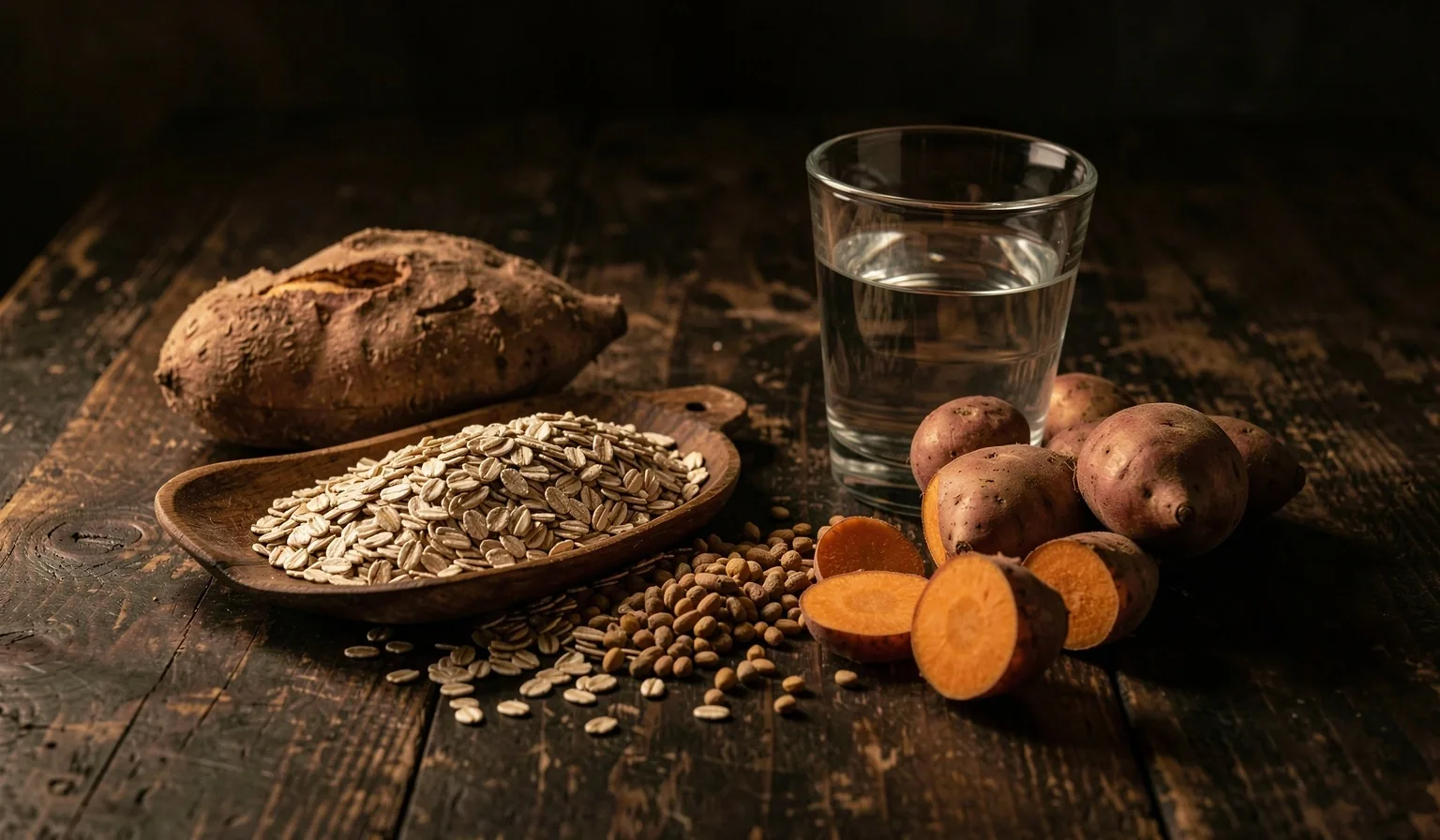 Whole grains and hydration on a dark table