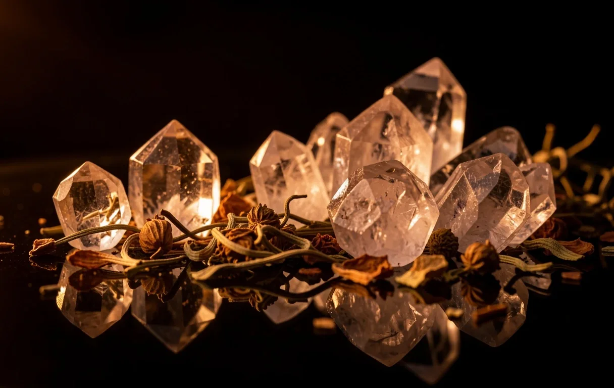 Mineral crystals and dried herbs on glass