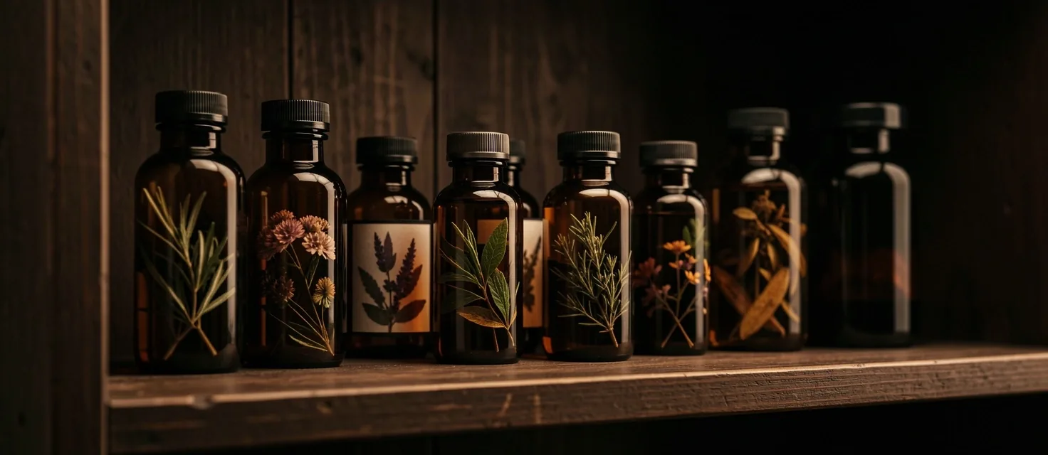 Amber glass bottles on a dark shelf