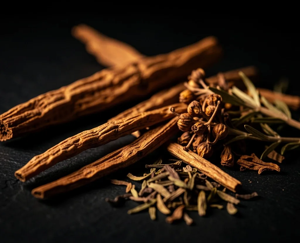 Botanical ingredients on a dark surface