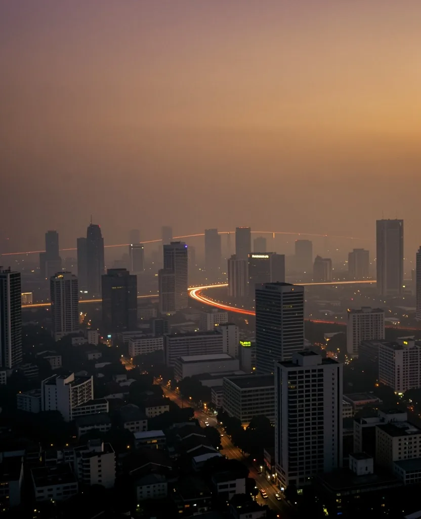 Jakarta cityscape at dusk with hazy sky