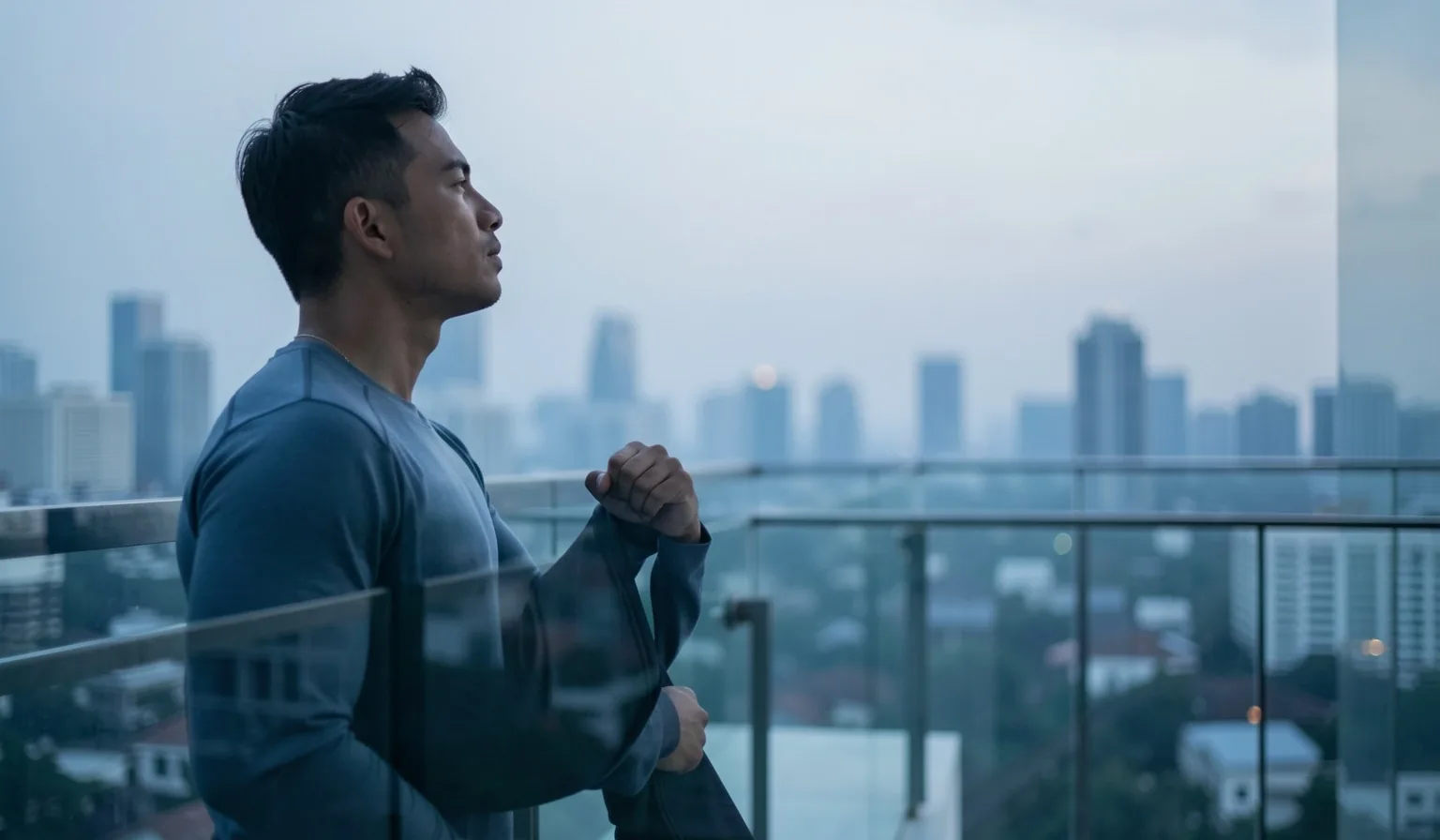 Man stretching on balcony at dawn