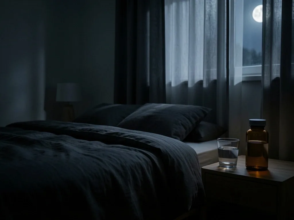 Minimalist bedroom at night with supplements on nightstand
