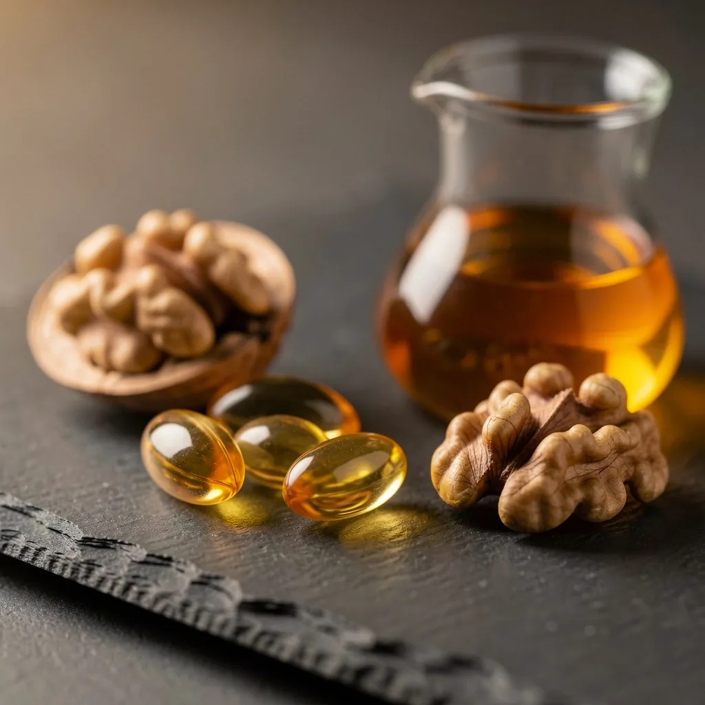 Omega-3 capsules and walnuts on dark surface