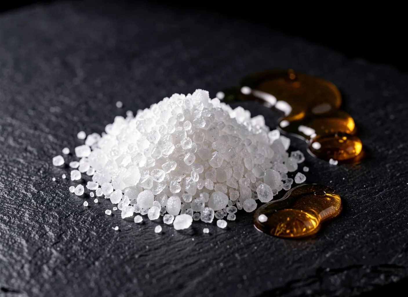 Crystalline vitamin and mineral compounds on a dark surface