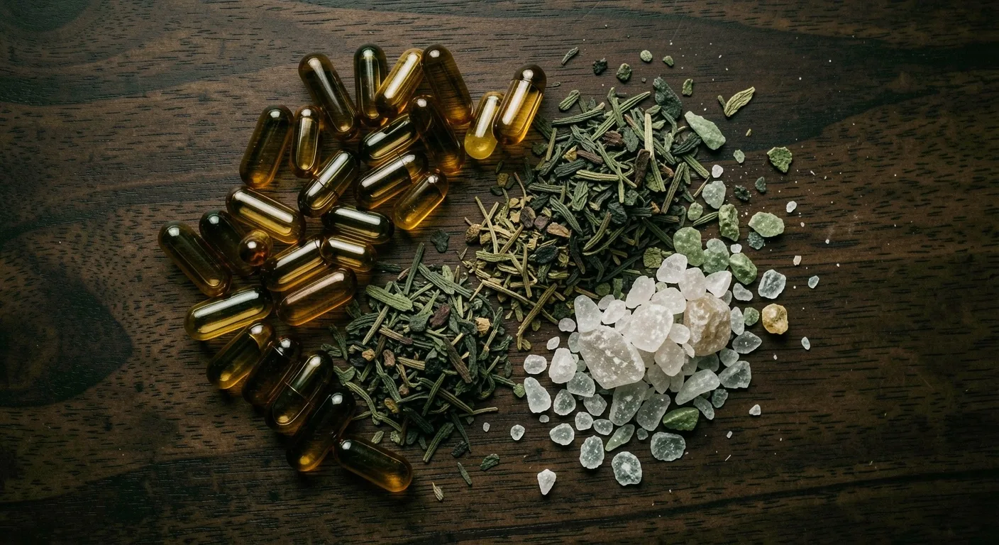Natural supplement ingredients arranged on a dark wooden surface